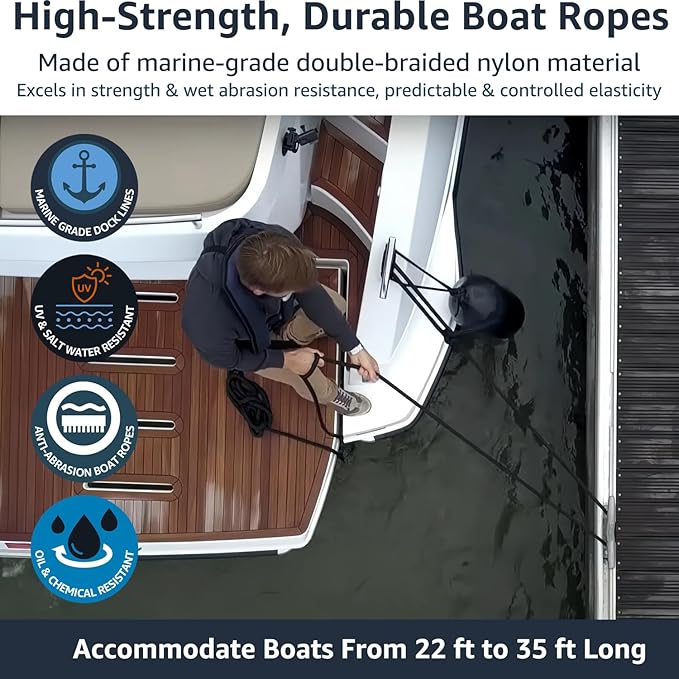 4 Pack 1/2" x 20' Dock Lines - Marine Grade Nylon Boat Ropes with 12" Eyelet for Docking and Mooring - Double Braided Boat Lines, High Strength, Easy Handling, Fray Resistant - Black