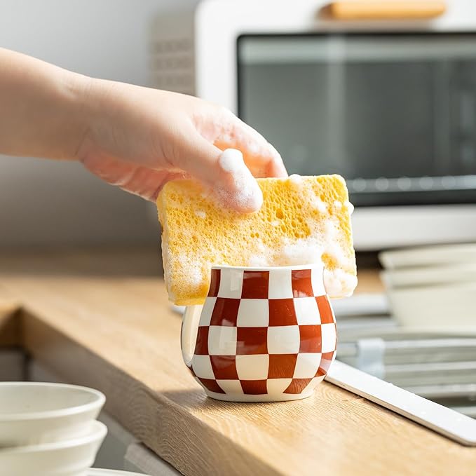 Checkered Sponge Holder for Kitchen Sink Counter, Ceramic Dish Sponge Caddy White Sink Organizer Dish Rack Farmhouse Brush Holder for Bathroom, Brown and White