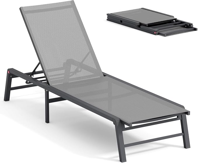 Aluminum Chaise Lounge Chair Outdoor, Foldable Patio Lounge Chair Assemble-Free, Pool Lounge Chairs with 5 Adjustable Backrest, Outdoor Lounge Chairs for Outside Poolside Beach Lawn Grey