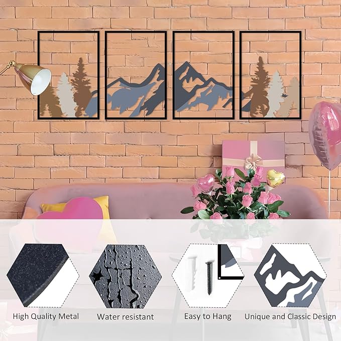 ESTART 4 Pcs Metal Mountain Wall Art, Large Mountains Wall Decor, Mountain Rivers Decorative Painting Suitable For Living Room Bedroom Office Indoor And Outdoor