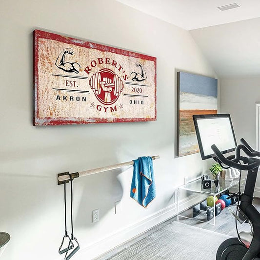 Tailored Canvases Personalized Gym Sign Wall Art Decor - Motivational Canvas for Home Gym, Workout Room, Garage, Fitness Center - Workout Inspirational Posters - One Hand Dumbbell on Rustic Red, 60x30in