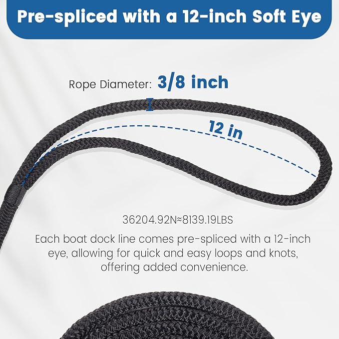 Premium Marine-Grade Dock Lines - 4 Pack 3/8" x 20' Strength-Tested Double Braided Nylon Boat Ropes with 12" Security Loops | Heavy-Duty Docking & Mooring Rope