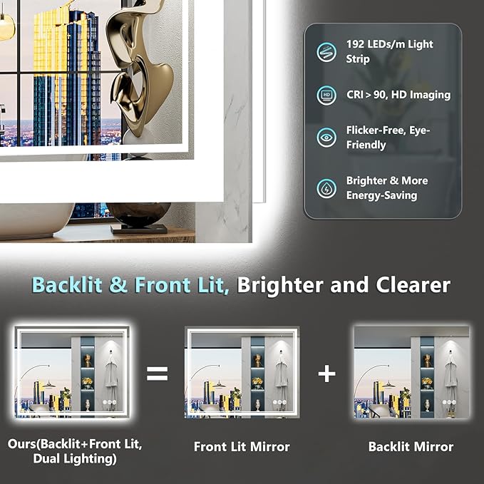 30x36 LED Bathroom Mirror with Lights, Backlit and Front Lit Anti-Fog Lighted