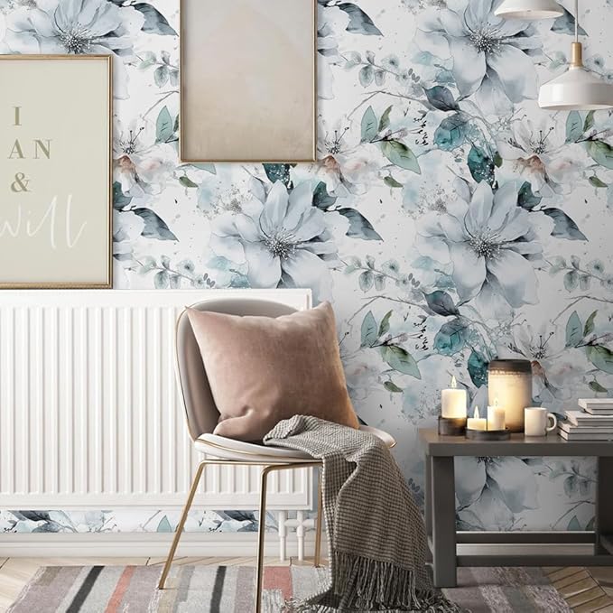 Ice Blue White Large Hyacinth Floral Green Leaf Peel and Stick Wallpaper Wall