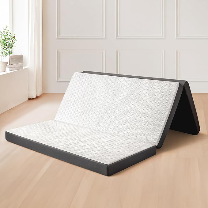 Folding Mattress 3in Twin Memory Foam Tri-Fold Futon with Washable Cover Foldable Floor Mat for Guest Bed, Camping, Yoga, RV Travel, White (Size: 38" L x 75" W x 3" Th)