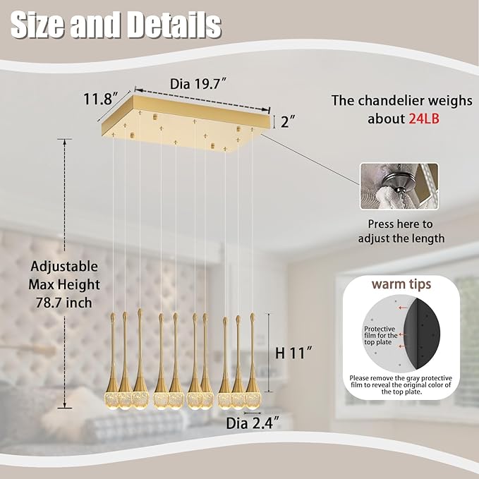 Rectangular Chandeliers for Entryway Gold Dining Room Lights Fixture Raindrop Crystal Chandelier for Staircase Hallway Foyer