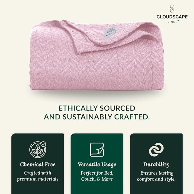 Cloud Scape Linen Herringbone Cotton Twin Blanket for Couch, Bed,Sofa, Home Decor, Soft, Lightweight, All-Season Bed Blanket, 68 x92, Seashell Pink