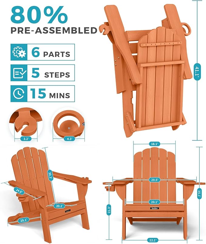 Adirondack Chairs Set of 6, Fire Pit Chairs, Wood Texture Patio Chairs with 2 Cup Holder, Outdoor Lawn Chair, Orange