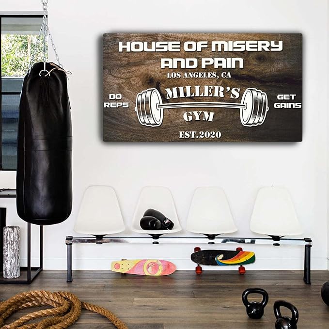 Tailored Canvases Personalized Gym Sign Wall Art Decor - Motivational Canvas for Home Gym, Workout Room, Garage, Fitness Center - Workout Inspirational Posters - House of Misery and Pain, Wooden 20x10in