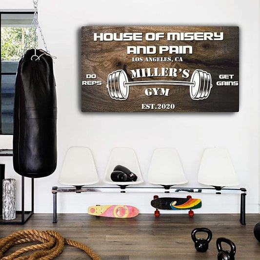 Tailored Canvases Personalized Gym Sign Wall Art Decor - Motivational Canvas for Home Gym, Workout Room, Garage, Fitness Center - Workout Inspirational Posters - House of Misery and Pain, Wooden 20x10in