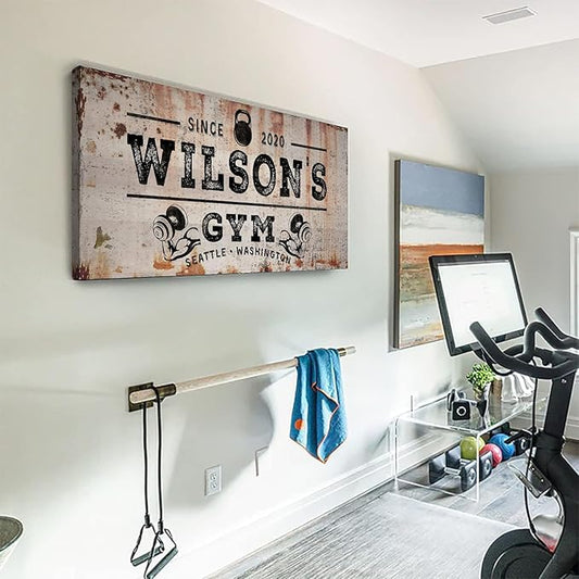 TAILORED CANVASES Personalized Gym Sign Wall Art Decor - Motivational Canvas s for Home Gym, Workout Room, Garage, Fitness Center - Workout Inspirational Posters - Kettlebell on Rustic, 20x10in