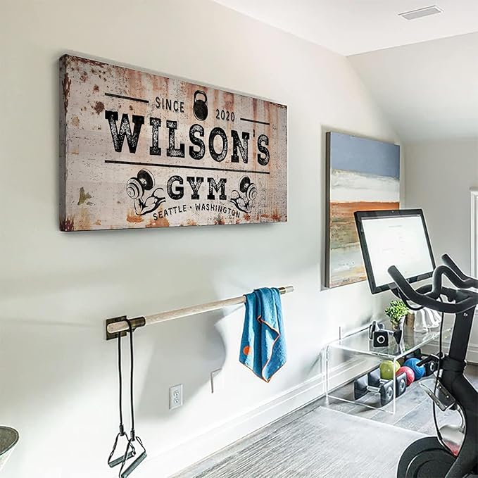 TAILORED CANVASES Personalized Gym Sign Wall Art Decor - Motivational Canvas s for Home Gym, Workout Room, Garage, Fitness Center - Workout Inspirational Posters - Kettlebell on Rustic, 60x30in