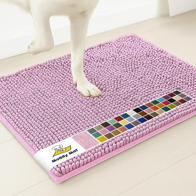 Muddy Mat® | Super Water Absorbent Door Mat Indoor, Microfiber Quick Dry Chenille Entryway Rug, Slip Resistant Front Door Mat, Indoor Mats for Entryway, Machine Washable Pet Rug, Pink 32" x 40"