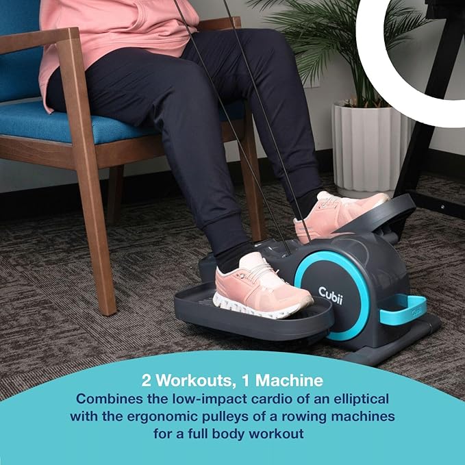Cubii Total Body - Under Desk Seated Elliptical Pedal Exerciser with Built in Upper Body Resistance Bands, 12 Levels of Resistance, LCD Display, Whisper Quiet with Bluetooth - Adult to Seniors