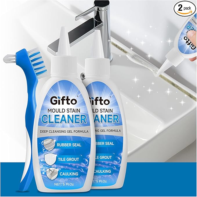 Mold Stain Remover Gel - Tile Grout Cleaner with Brush, Bleach Gel Washing Machine Cleaner Front Loader, Grout Cleaning Whitener for Bathroom Shower & Kitchen Sink, Non-Toxic, 10 fl oz 2 Pack
