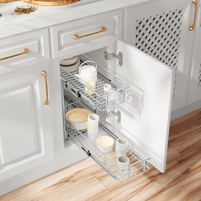 ROOMTEC Individual Pull Out Cabinet Organizer (5½"W x 21½"D), 2 Tier Spice Rack Organizer for Cabinet, Slide Out Drawer Pantry Shelf Organization and Storage for Kitchen Bathroom