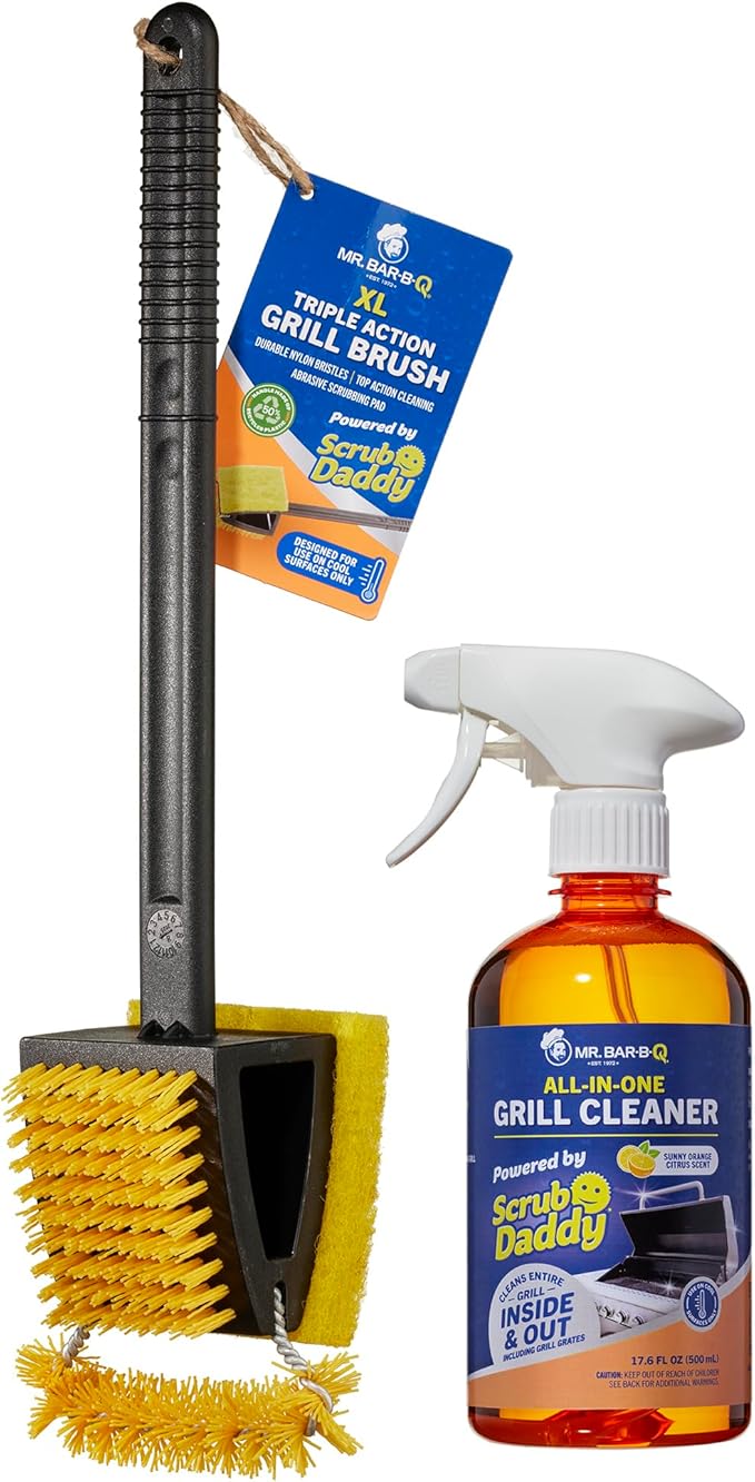 Mr. Bar-B-Q XL Triple Action Grill Brush and All in One Grill Cleaner Powered by Scrub Daddy