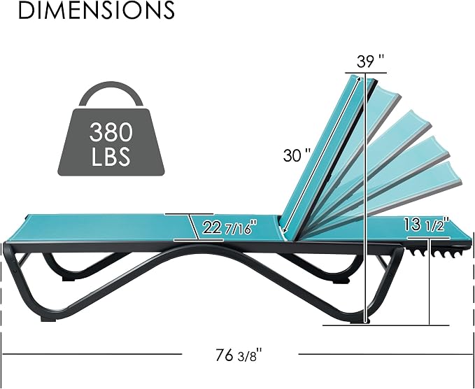 Kozyard Outdoor Chaise Lounge Chair, All Aluminum Frame, Fully Flat Adjustable Reclining Patio Lounger for Poolside, Sunbathing & Backyard, Textilene (Aqua, 2Chairs)