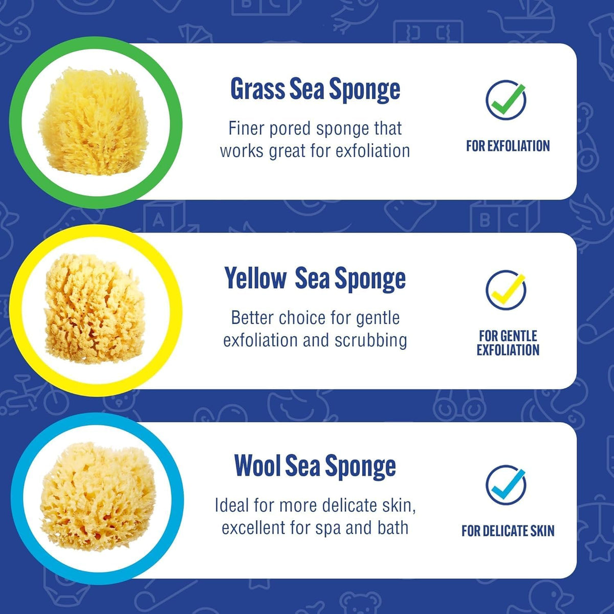 Baby Buddy Baby Bath 4in Assorted Sea Sponges, Absorbent Natural Sea Sponge, Soft on Tender Skin, Biodegradable, Hypoallergenic, Bath Accessories for Bathing, 3 Pack
