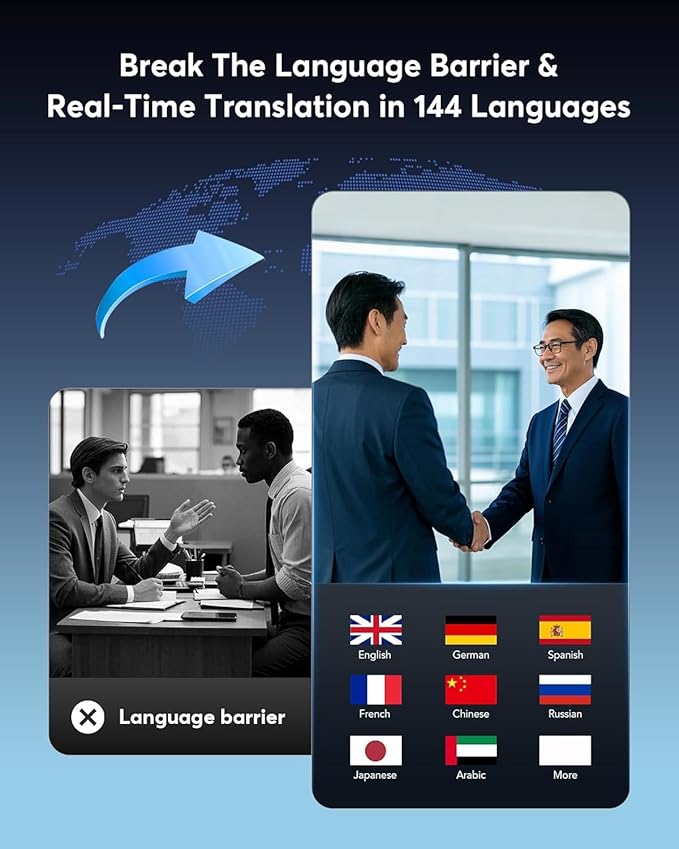 AI Language Translation Earbuds, Bluetooth 5.4 Headphones Translator for 144 Languages & Accents, OWS LCD Touch Screen Real-Time Earphones Fit iOS and Android Ideal for Travel Business Learning,Silver