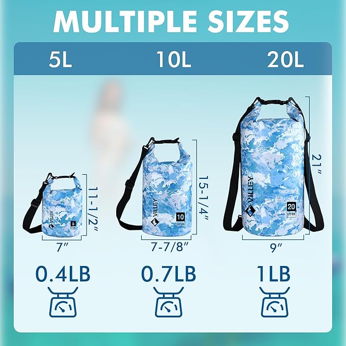 VILLEY Dry Bag Waterproof 20L Roll Top Sack Keeps Gear Dry Lightweight Sack for Kayaking Boating Camping Swimming and Beach Adventures Blue Camo