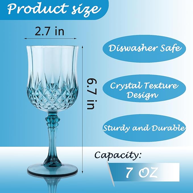 Plastic Wine Glasses，Plastic Goblets Vintage Style Cordial Drinking Glasses for Wedding Reception, Grand Event Party Supplies (12, Dusty Blue)