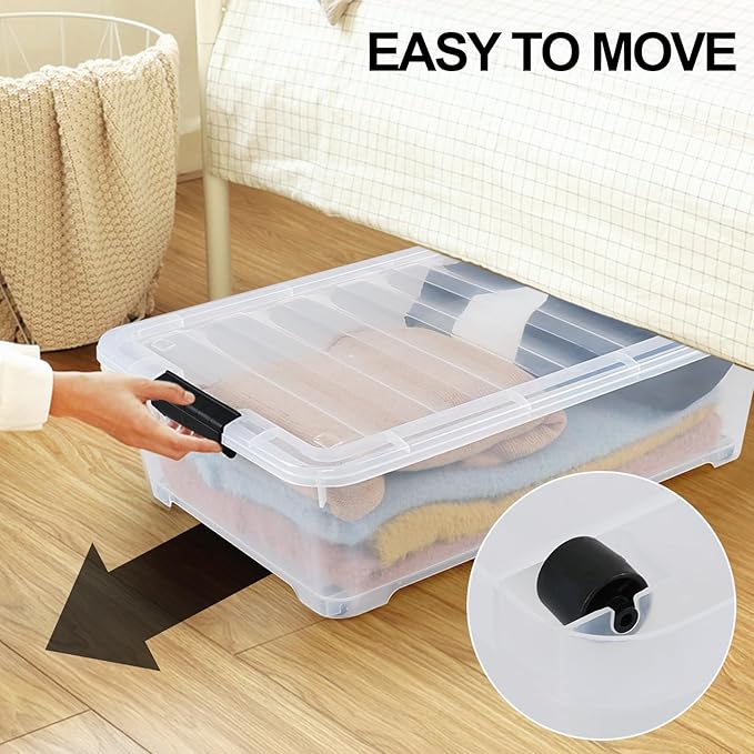 25 Quart Plastic Under Bed Storage Boxes, Wheeled UnderBed Storage Container, 3 Pack, Clear