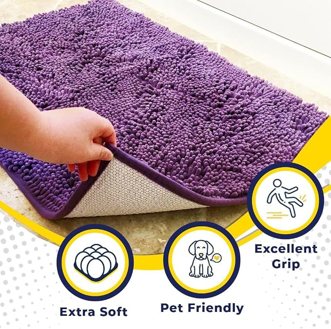 Muddy Mat® | Super Water Absorbent Door Mat Indoor, Microfiber Quick Dry Chenille Entryway Rug, Slip Resistant Front Door Mat, Indoor Mats for Entryway, Machine Washable Pet Rug, Purple 20" x 33"
