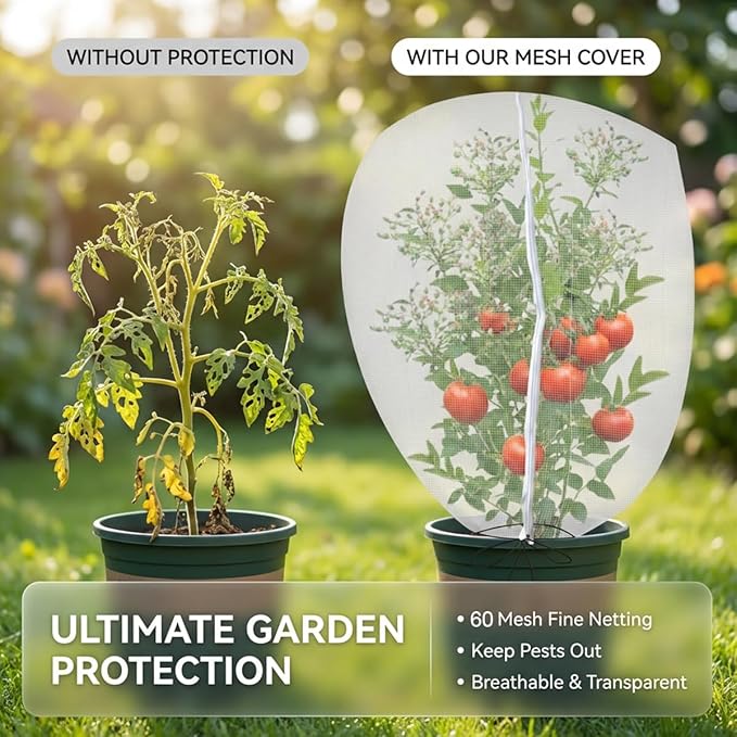Gardtree 2PCS 2.4 x 4 FT Small Garden Plant Netting Covers with Double Zipper & Drawstring – Potted Plant Mesh Cover for Strawberries, Herbs & Flowers – Reusable Anti-Squirrel Barrier