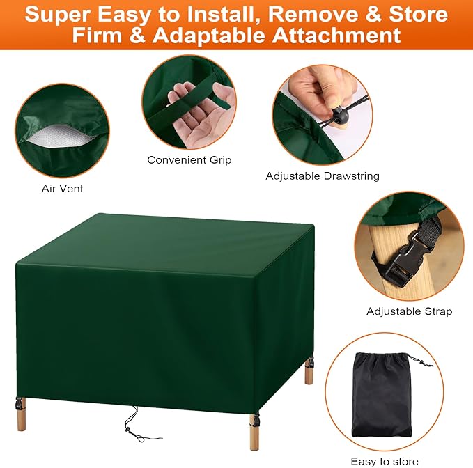 Patio Furniture Cover Rectangle 100"(L) x 44"(W) x 36"(H), Custom Heavy Duty 420D Waterproof Outdoor Cover with Drawstring & Buckles for Table Chair Garden, Green
