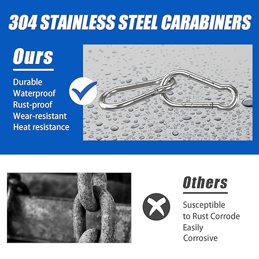 Carabiner Clip Hooks, 15pcs 3.15 inch Carabiners Heavy Duty, 304 Stainless Steel Spring Snap Hook Fits Camping Hiking, Metal Clips for Rope Chain Keys Rings