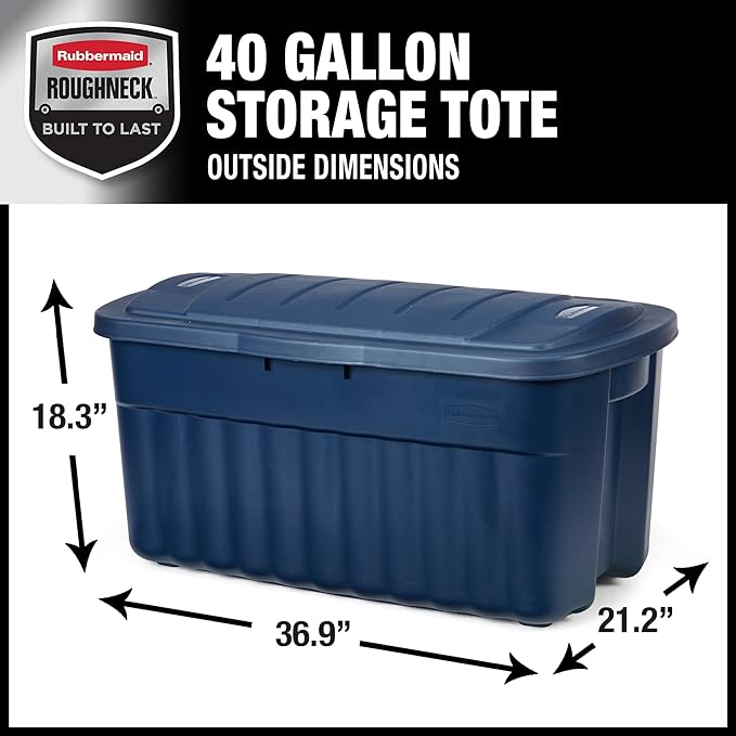 Rubbermaid Roughneck Tote 40 Gal, 2 Pack, Made in USA, Dark Indigo Metallic, Rugged Plastic Stackable Storage Bins with Lids and Handles