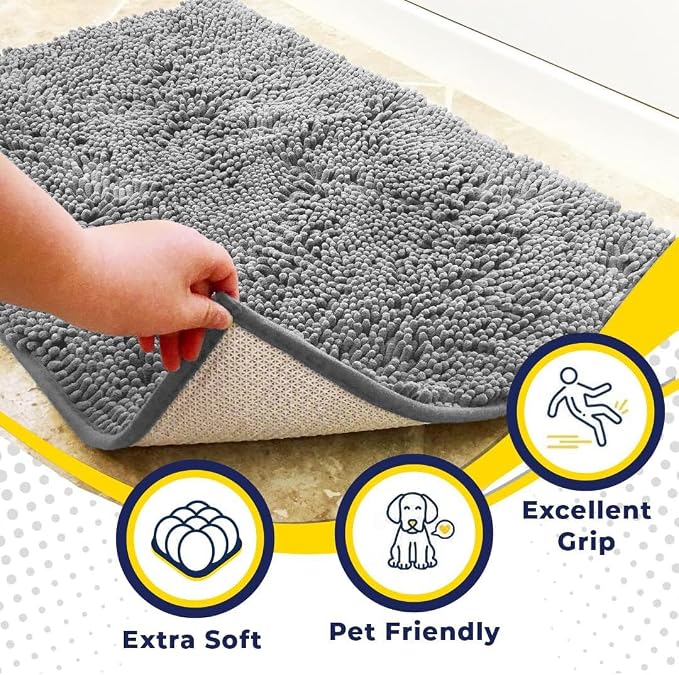 Muddy Mat® | Super Water Absorbent Door Mat Indoor, Microfiber Quick Dry Chenille Entryway Rug, Slip Resistant Front Door Mat, Indoor Mats for Entryway, Machine Washable Pet Rug, Light Grey 36" x 46"
