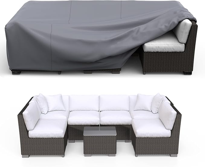 Patio Furniture Set Cover Waterproof, Heavy Duty Furniture Covers for Outdoor Sectional Sofa Set Wicker Rattan Table Chair Rectangular,118"L×57"W×28"H,Grey