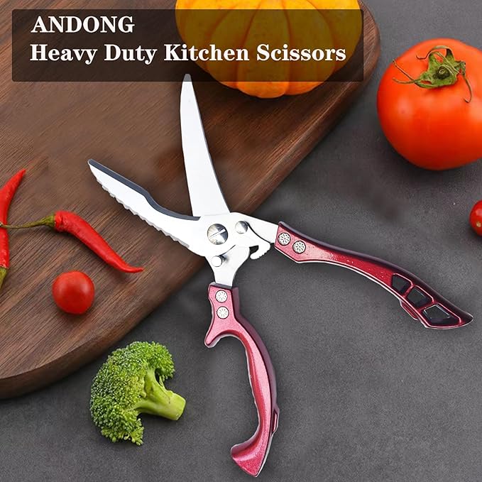 Heavy Duty Kitchen Shears by ANDONG, Kitchen Scissors,Stainless Steel Poultry Shears Heavy Duty Professional, Red