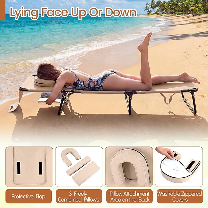 Giantex Tanning Chair, Adjustable Patio Lounge Chair w/Face Hole, Removable Pillows, Carry Strap, Layout Chair, Folding Beach Sunbathing Chair, Outdoor Chaise Lounge for Poolside Yard Lawn (1, Beige)