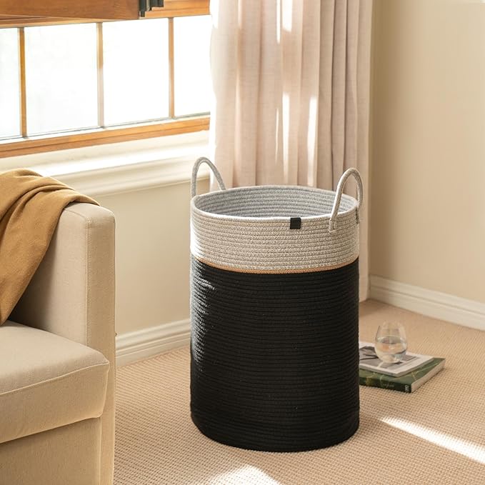 LA JOLIE MUSE Woven Basket Rope Storage Baskets - Large Cotton Organizer, Basket for Baby Blanket, Kids Toy Nursery Laundry Basket Ebony Black XL