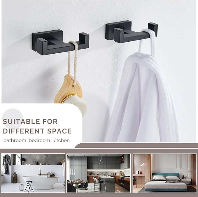 Angle Simple Bathroom Towel Hooks, Stainless Steel Shower Double Robe Coat Hooks for Wall, Matte Black, 2 Pack