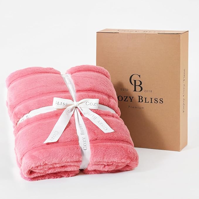 Cozy Bliss Faux Fur Throw Blanket for Couch, Cozy Warm Plush Striped Blanket for Sofa Bedroom Living Room, 90 * 90 Inches Hot Pink