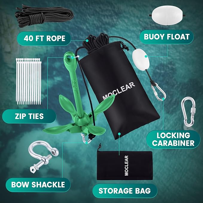 Kayak Anchor Kit, 1.5/3.5 lb Compact Folding Grapnel Anchor for Kayaks, Canoes, SUPs, Jet Skis, Small Boats - Lightweight Portable Marine Boat Anchor with Rust-Resistant Design