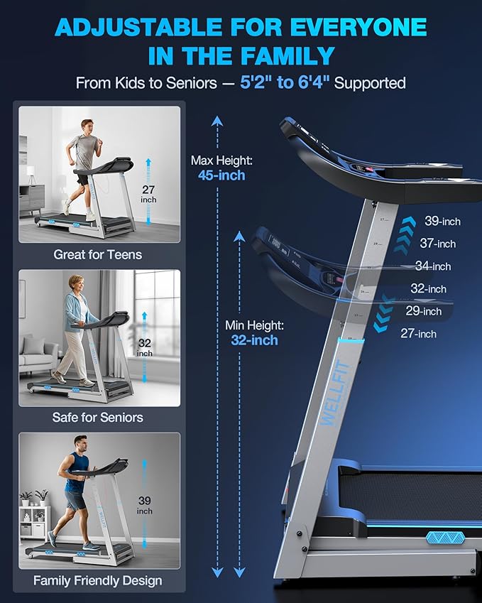 WELLFIT Auto Incline Folding Treadmill - 10% Incline Desk Walking Pad Treadmill with Handlebar, 400 lbs Heavy-Duty Capacity, Space-Saving Quiet Under-Desk Design for Home Office, Seniors & Fitness