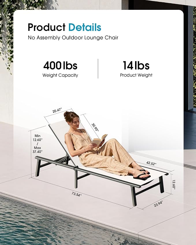 Ciokea Foldable Outdoor Lounge Chair Set of 4, No Assembly Aluminum Chaise Lounge Outdoor with 5-Positions, Aluminum Pool Lounge Chairs with Portable Design for Poolside, Beach, Deck, Patio, White