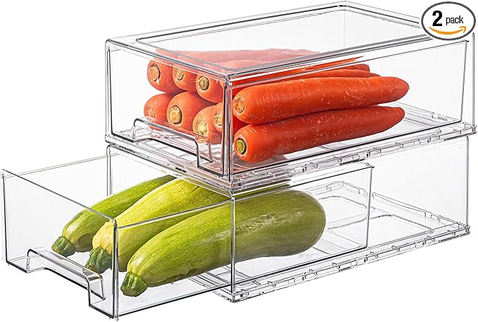PeJeyiee 2 Pack Clear Stackable Refrigerator Organizers and Storage Drawers - Pull-Out Fridge Bins with Anti-Slip Base & Easy Clean, Plastic Organizers for Kitchen Pantry Cabinet Closet (Large)