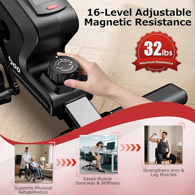 pooboo Under Desk Bike Pedal Exerciser, Quiet Magnetic Mini Exercise Bike with 16 Resistance Levels, Arm & Leg Workout, Resistance Bands & Non-Slip Mat for Home Office Therapy