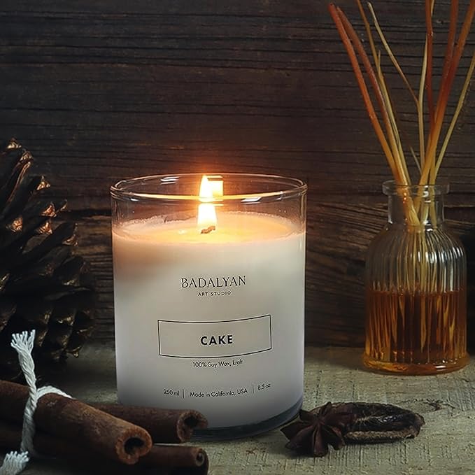 Scented Soy Candles in Glass Jar, Cake Scent, Relaxation Gifts for Women, Home Fragrance, Modern Style, White Color, Non Toxic, Clean Burn, Long Burning