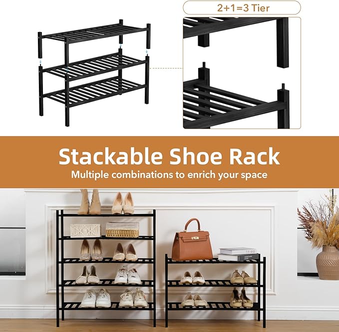 3 Tier Bamboo Shoe Rack Storage Organizer for Closet, Multifunctional Stackable Free Standing Shoe Shelf Organizer for Small Space,Entryway,Hallway,Bathroom 27"x11"x20" (Black, 3 Tier)
