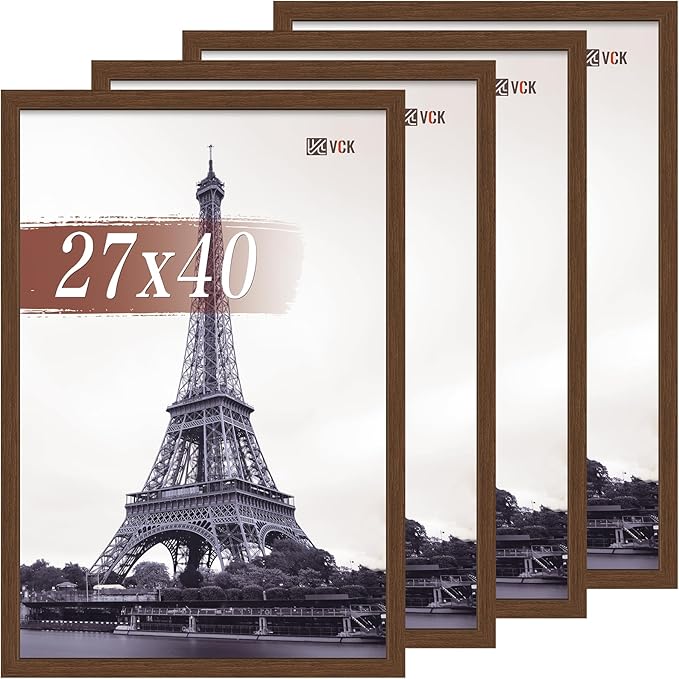 VCK 27x40 Picture Frame Set of 4 - Brown, Gallery-Quality Wood Poster Frames, 1.1-Inch Wide Border, Polished Plexiglass, Vertical or Horizontal Wall Display for Photo/Art/Prints, Brown