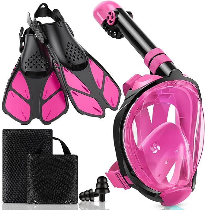 Mask Fins Snorkeling Gear for Adults, Full Face Snorkel Mask & Adjustable Swim Fins Snorkel Set, Panoramic View Snorkel Mask Dry Top Anti-Fog Anti-Leak