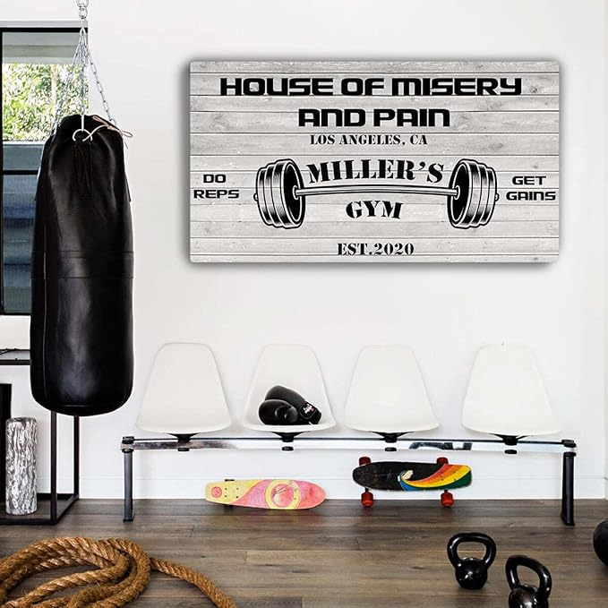 Tailored Canvases Personalized Gym Sign Wall Art Decor - Motivational Canvas for Home Gym, Workout Room, Garage, Fitness Center - Workout Inspirational Posters - House of Misery and Pain, White Wood 48x16in