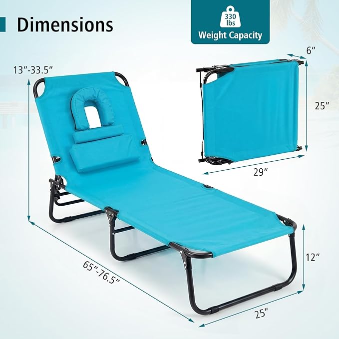 GYMAX Tanning Chair, 330lbs Beach Lounge Chair with Face Hole, Washable Pillow & Carry Strap, Adjustable Folding Chaise Lounge, Layout Lounger for Outside, Patio, Poolside, Lawn (2, Arctic)